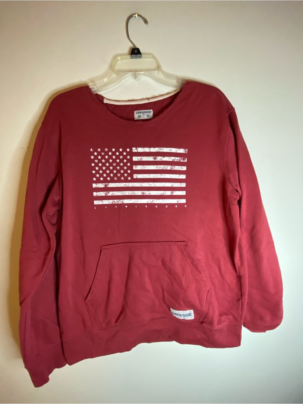 Life Is Good Red Crewneck Sweatshirt with Distressed White Flag